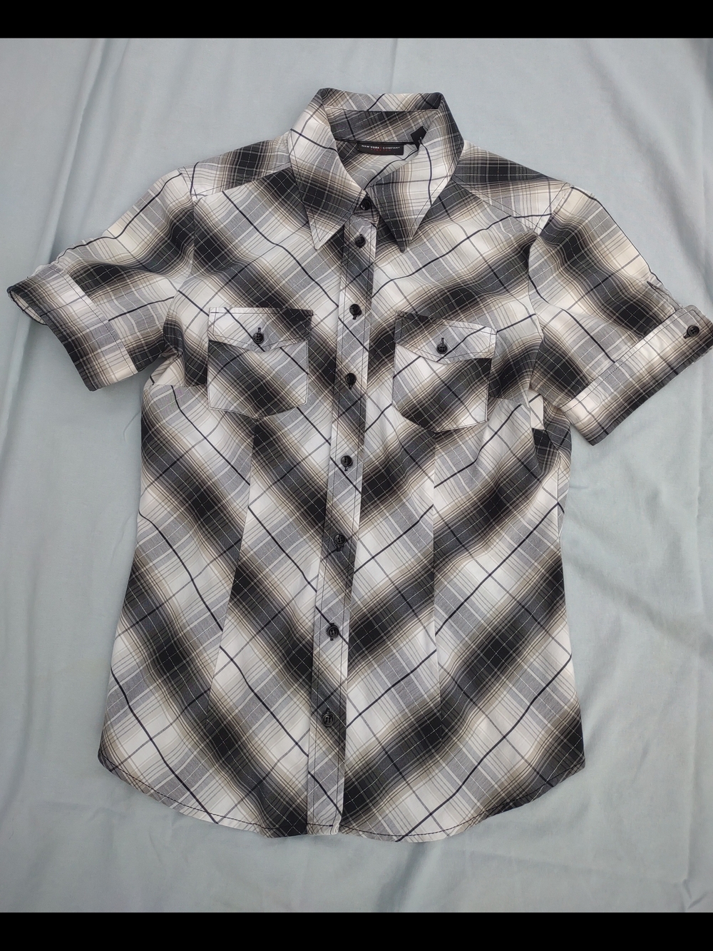 New York & Company Black, White & Gray Plaid Short-Sleeve Button-Down